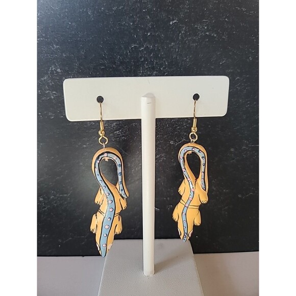 Painted Wooden Dangling Salamander Earrings Vintage Costume Jewelry NOS - Picture 5 of 10